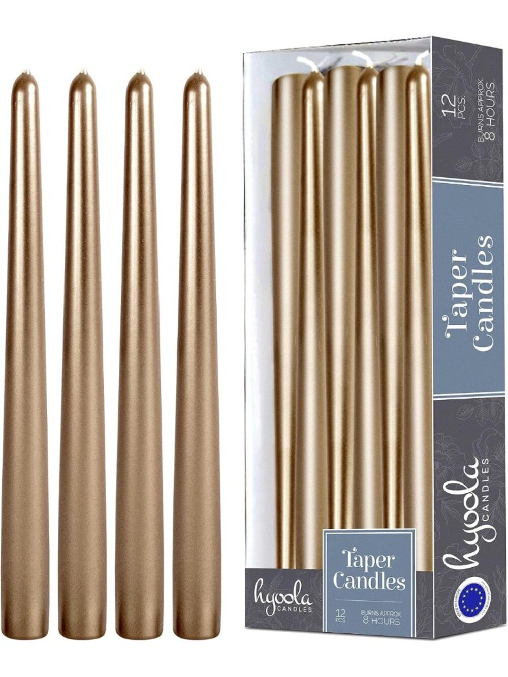 Elegant Metallic Gold Taper Candles - 10 Inch, Dripless, Long-Lasting 8 Hour